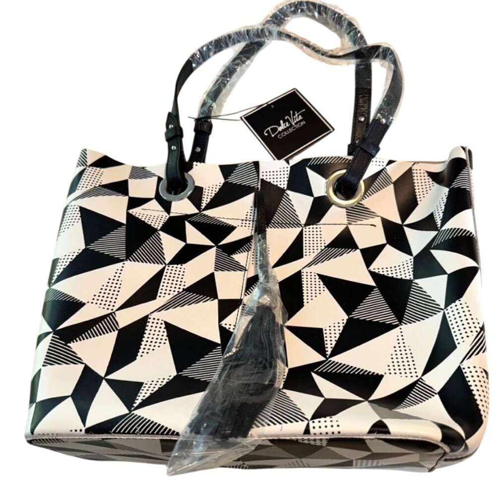 Dolce Vita Black and White Leather Geometric Satchel Tote with Tassel NEW w Tags